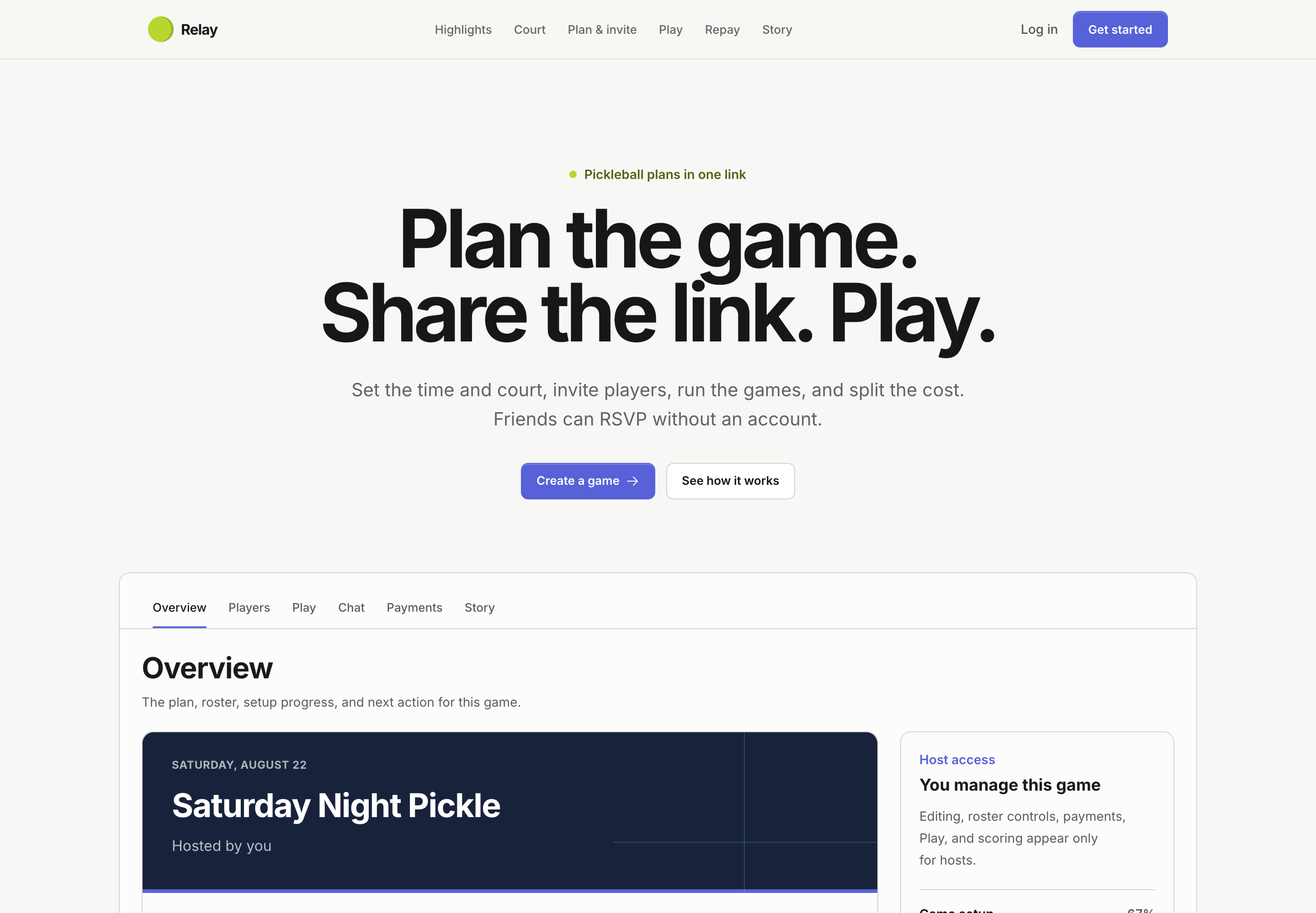 Relay landing page introducing one shared link for planning and playing a pickleball session