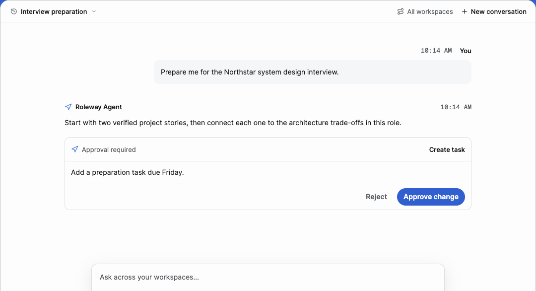 Roleway Agent preparing interview work and presenting an exact create-task proposal for user approval