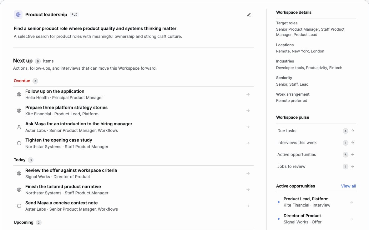 Roleway Home view ordering overdue and current work beside Workspace details, pulse, and active Opportunities