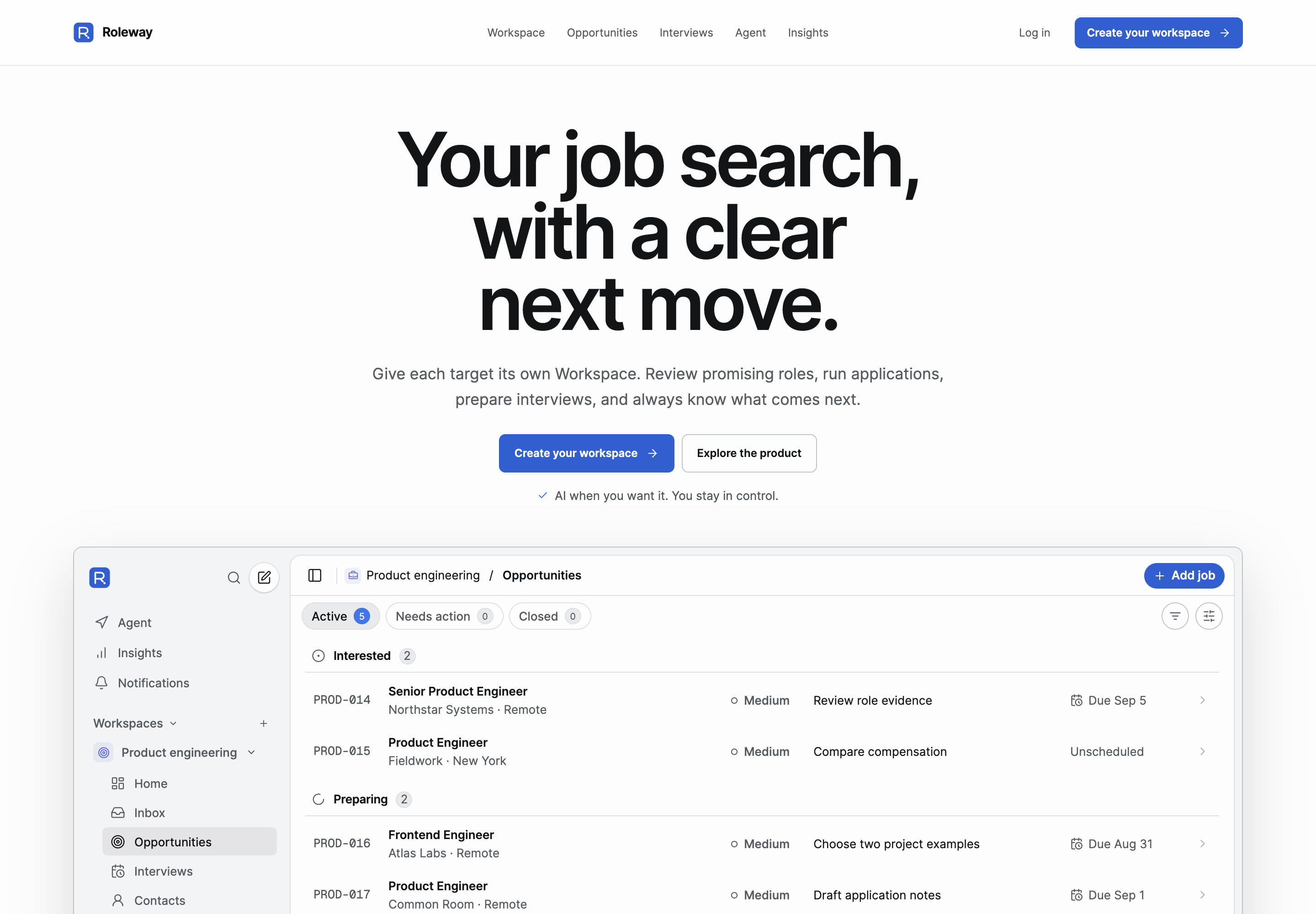 Roleway landing page introducing focused job-search Workspaces and one clear next move