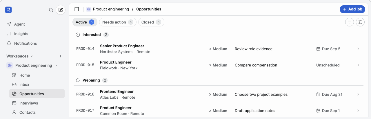 Roleway Opportunities list showing an expanded Workspace rail, grouped stages, priorities, Next Actions, and due dates