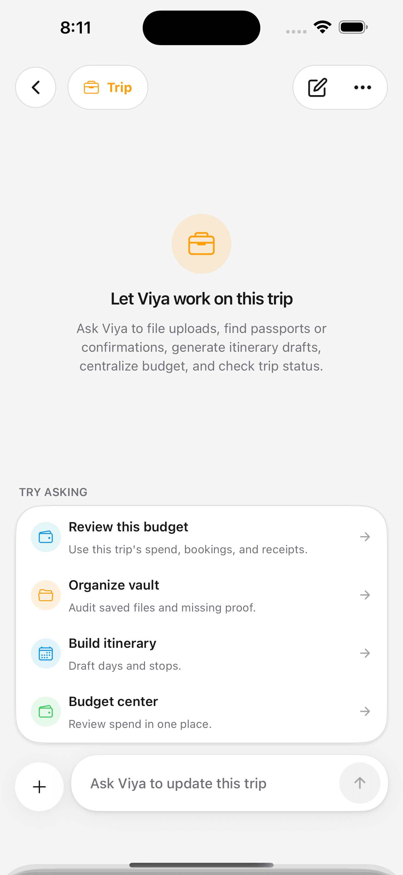 Ask Viya screen offering reviewable trip actions for budget, documents, and itinerary