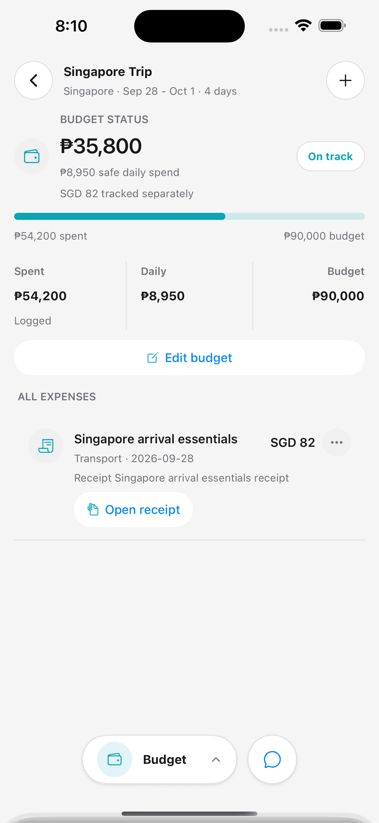 Viya trip budget screen showing planned spend, tracked expenses, and a receipt