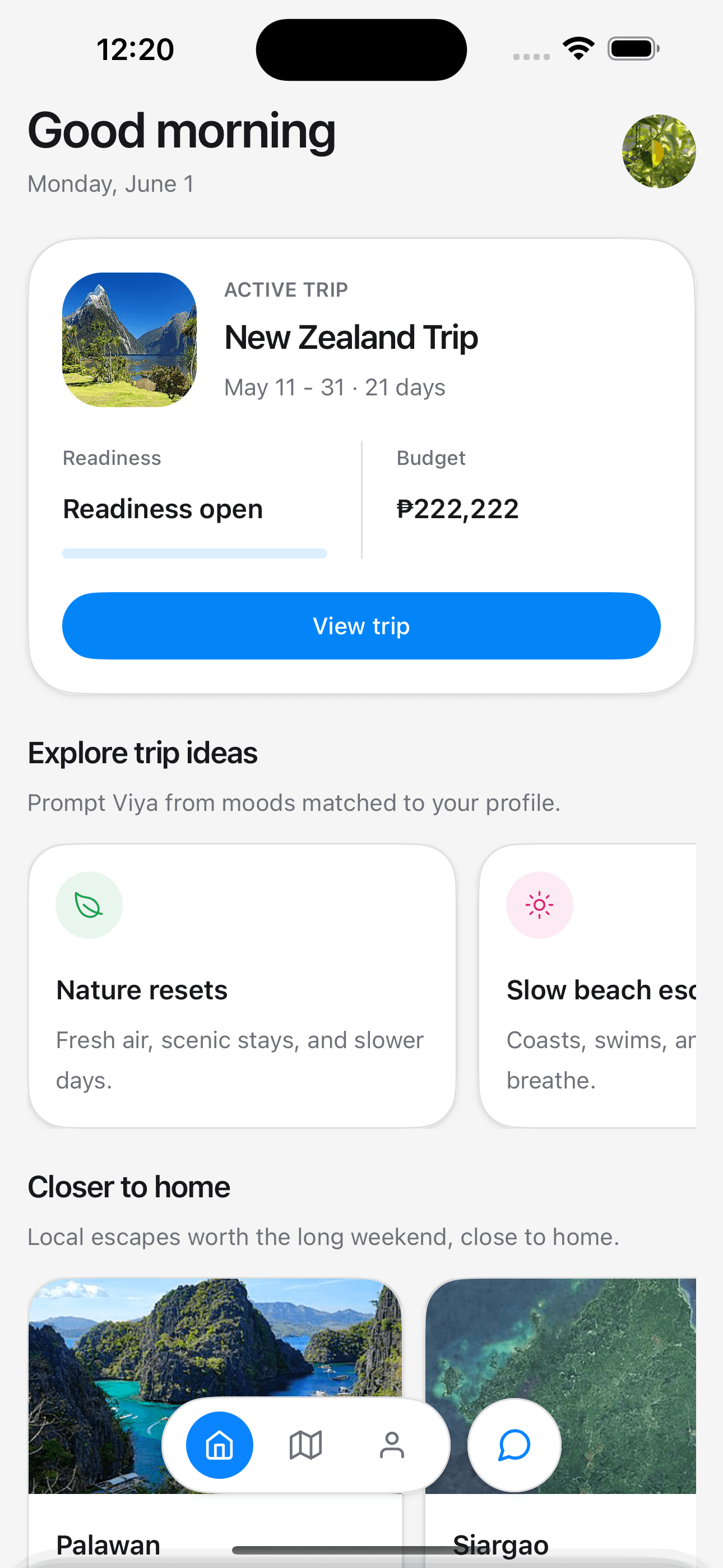 Viya home dashboard showing an active trip, readiness, budget, and travel ideas