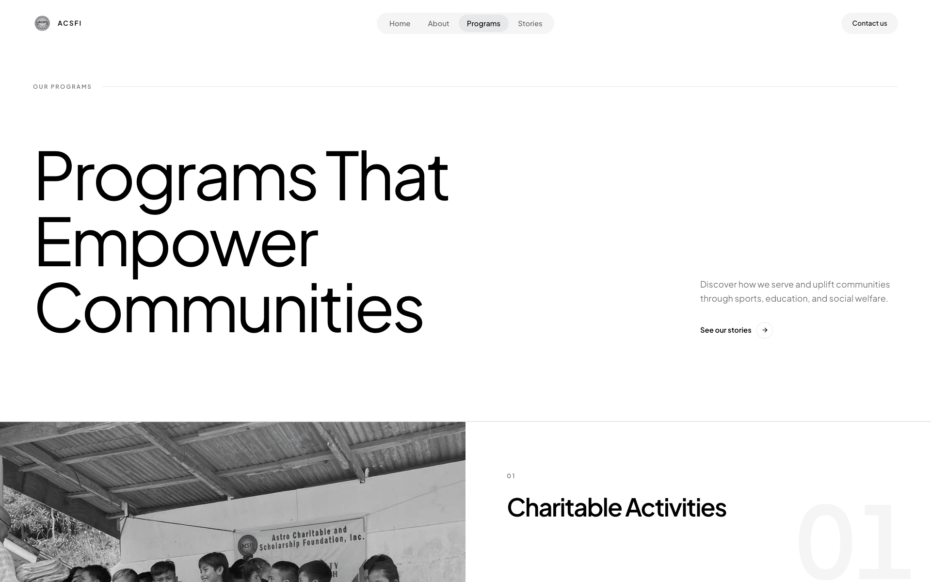 ACSFI programs page introducing charitable, educational, and social welfare programs