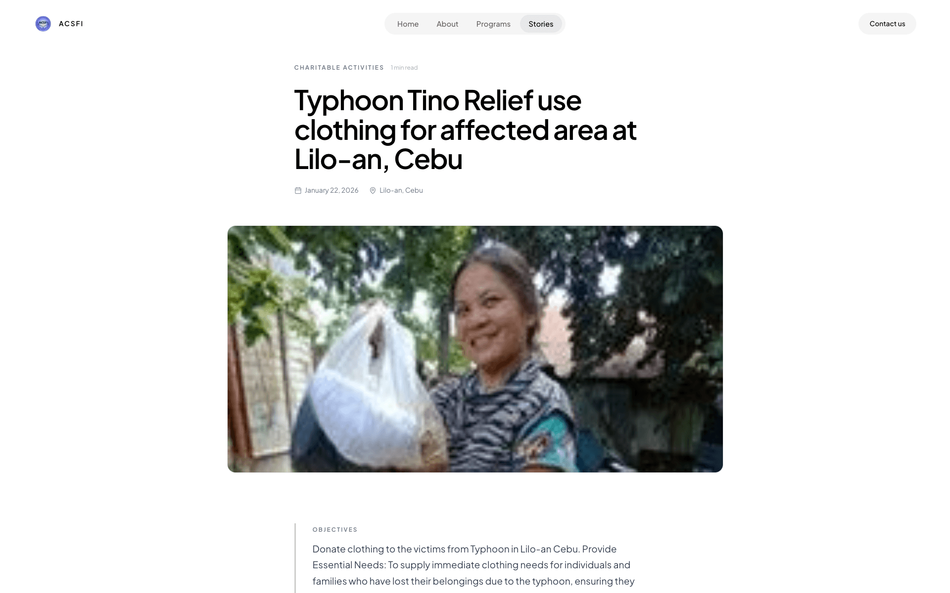 ACSFI activity report showing the title, date, venue, photograph, and objectives of a relief activity