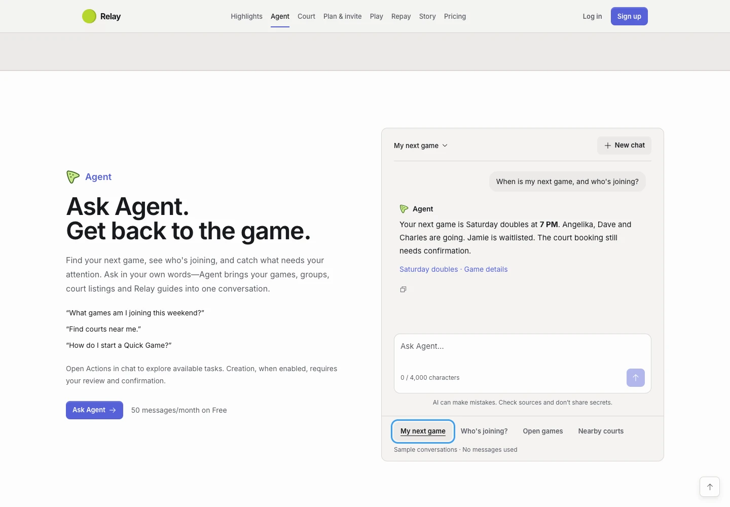 Relay public Agent demo answering a question about the next game, roster, waitlist, and court booking with sample data