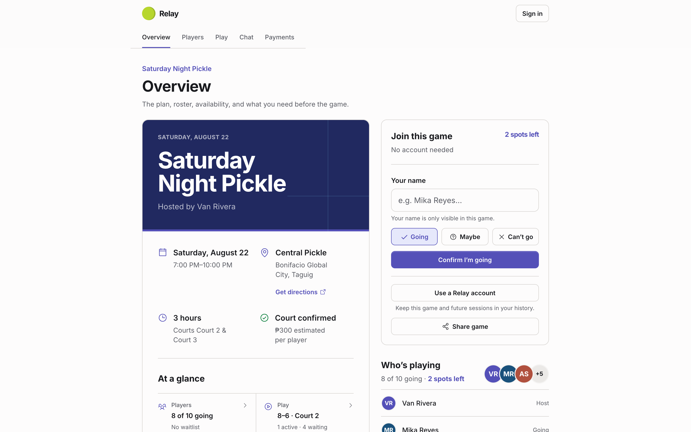 Relay public pickleball invitation with session details, roster capacity, and guest RSVP controls