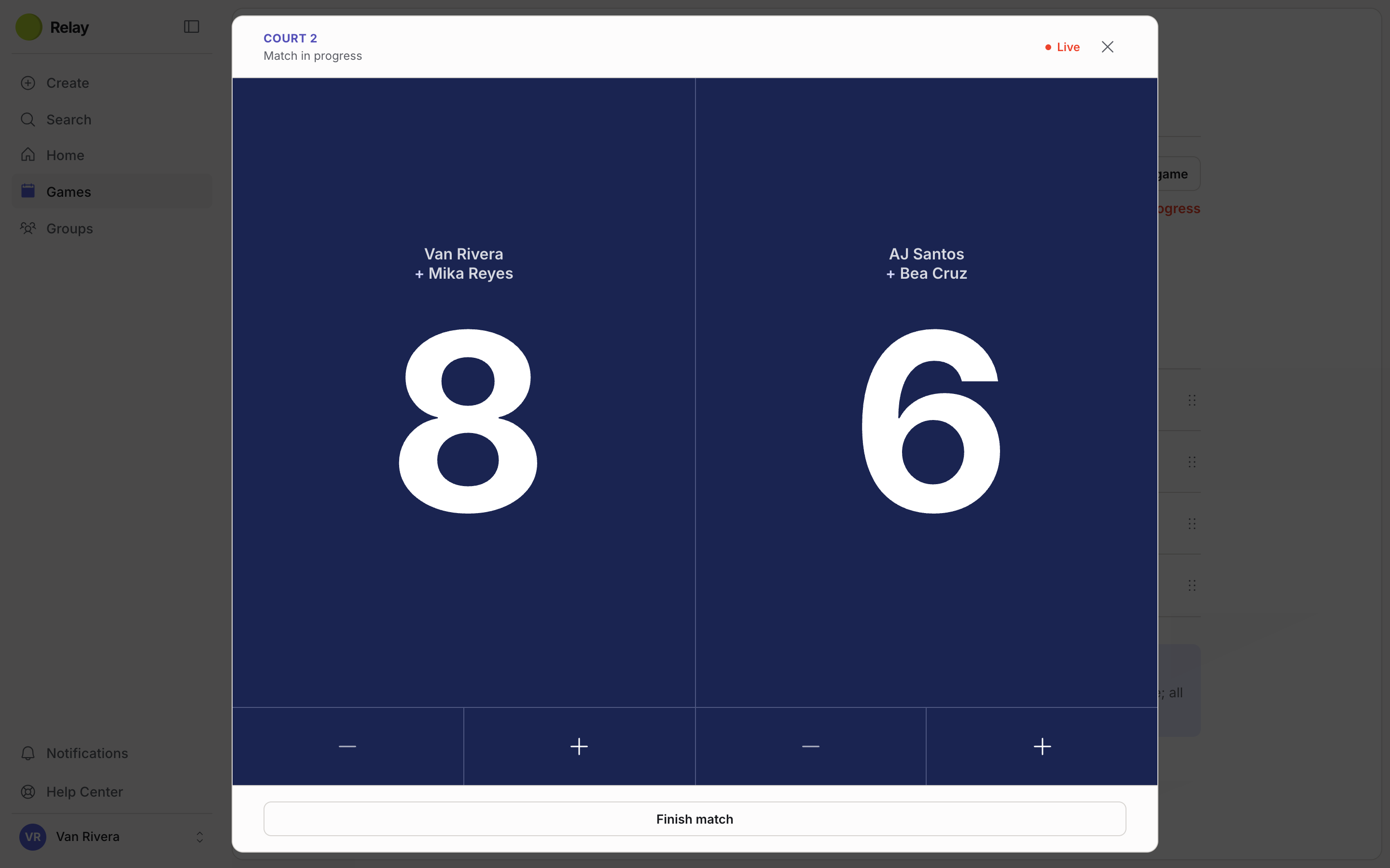 Relay courtside scoring view with large team scores and touch controls
