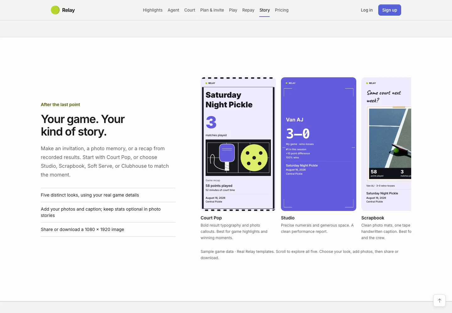 Relay public Story showcase presenting five visual themes for invitations, photo memories, and results
