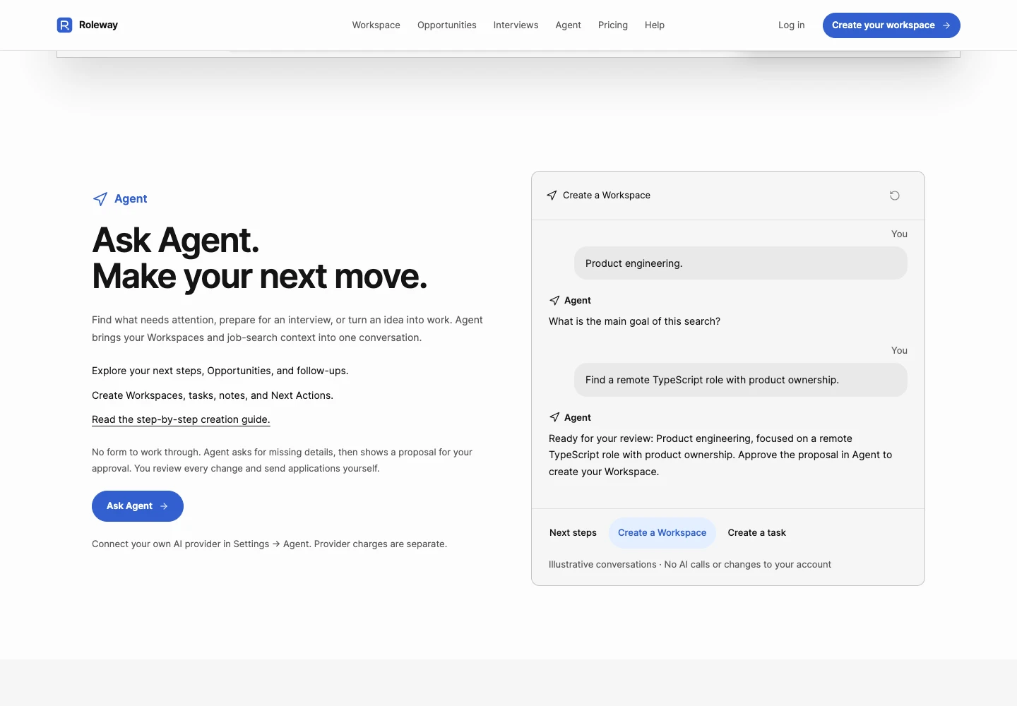 Roleway public Agent demo gathering a Workspace objective in conversation before asking the user to review a proposal
