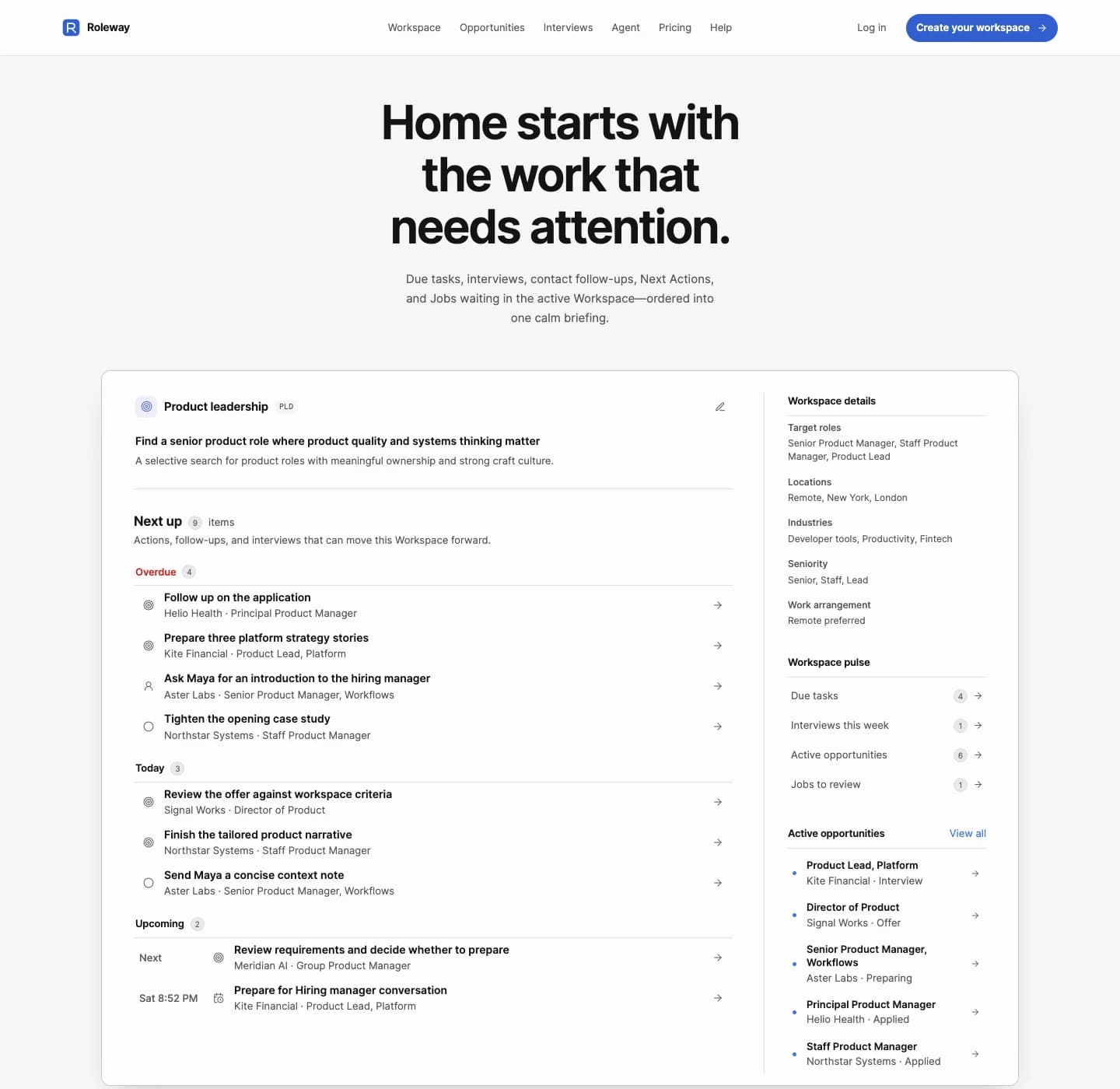 Roleway Home view ordering overdue and current work beside Workspace details, pulse, and active Opportunities